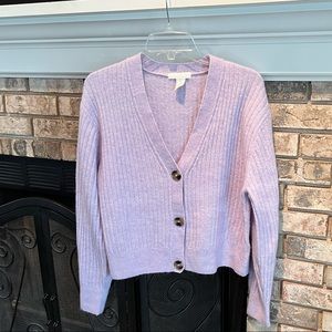 H&M long sleeve rib, acrylic cardigan, light purple, size Medium